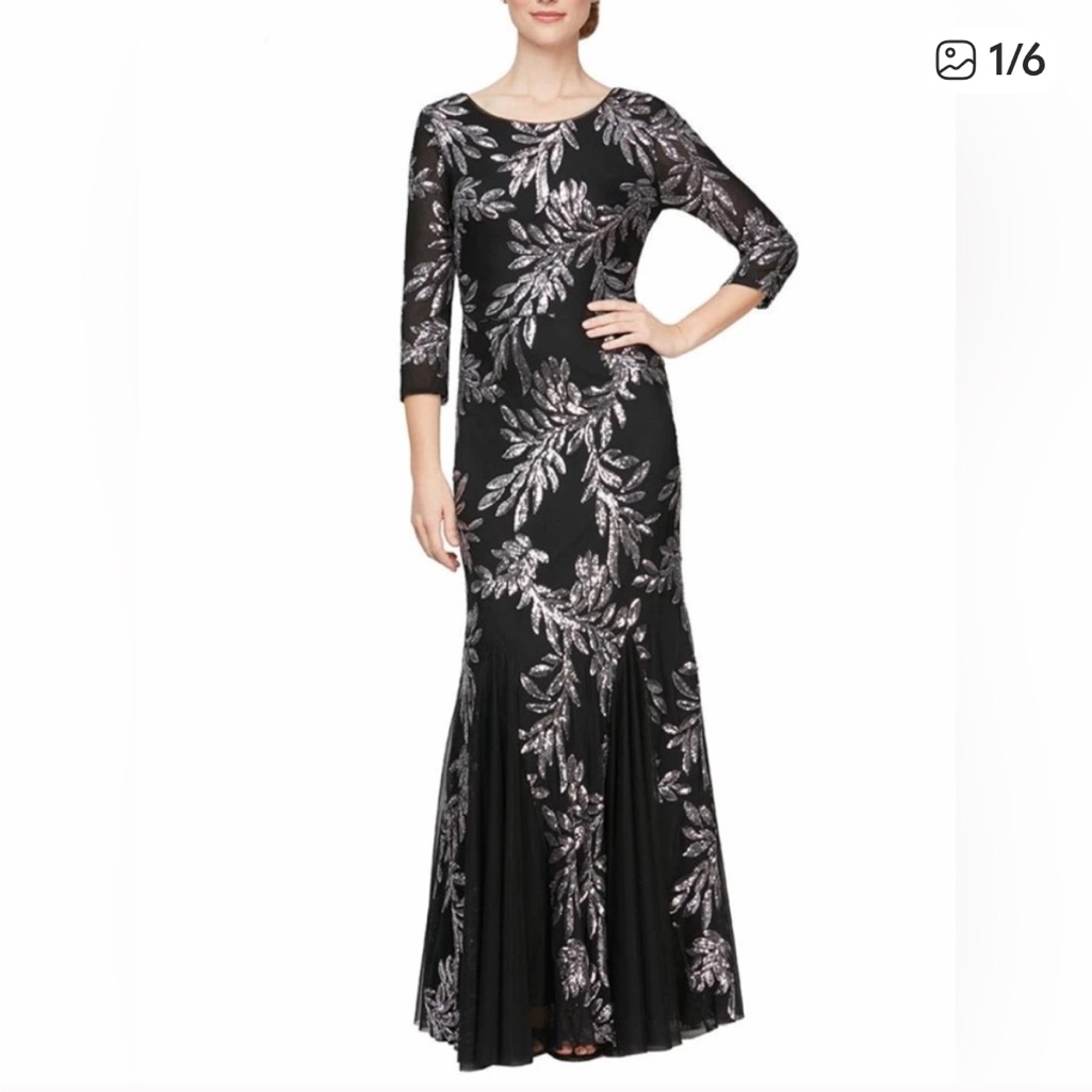 Alex Evenings Gilded Leaf Sequin Black Pewter Evening Dress. Size 6